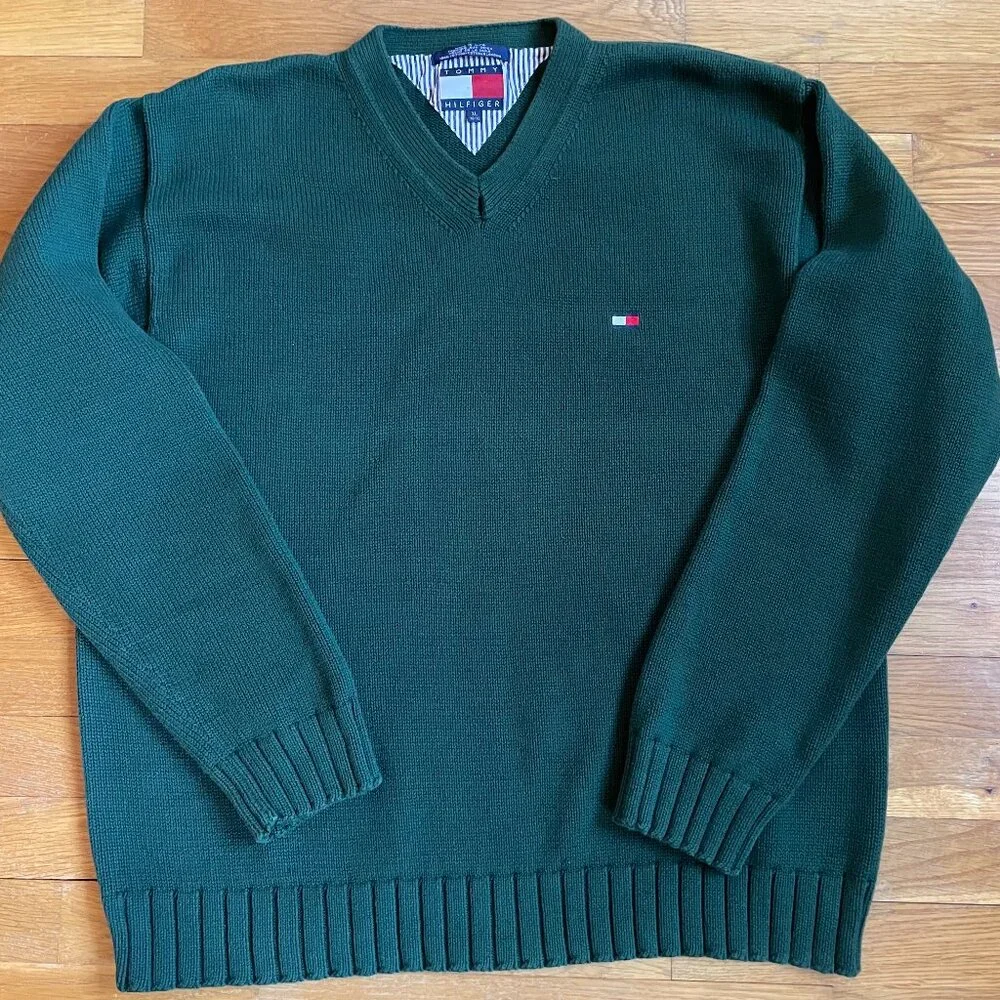 Vintage Tommy Hilfiger V-Neck Sweater Forest Green 100% Cotton Size XL
